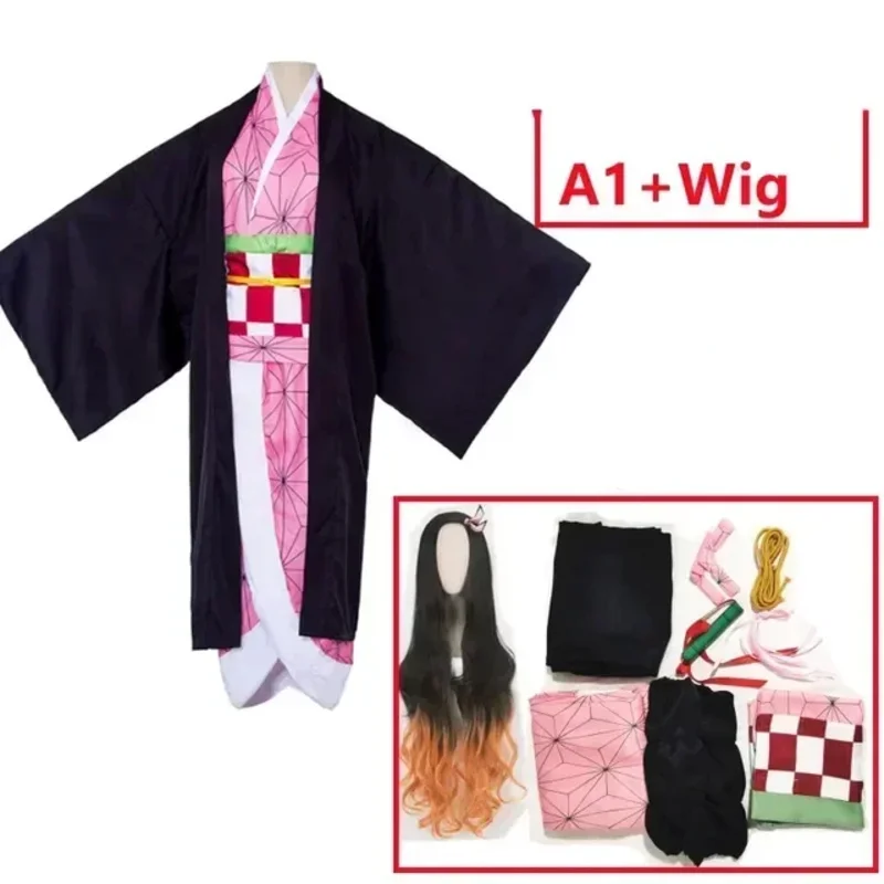 CyKamado 네즈코 코스프레 의상 애니메이션 기모노 귀멸의 칼날 카마도 네즈코 코스튬 가발 유니폼 할로윈 여성 어린이용