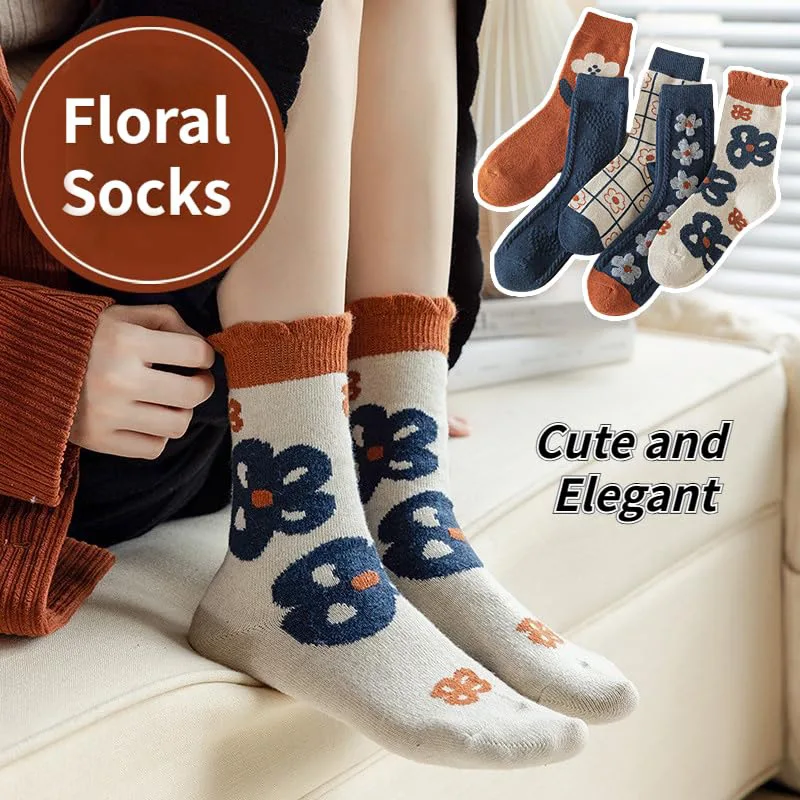 5 Paar gestrickte Damensocken im Retro-Stil mit Blumenmuster in Orange und Blau, lässige, weiche und bequeme Spitzensocken – Detail 2