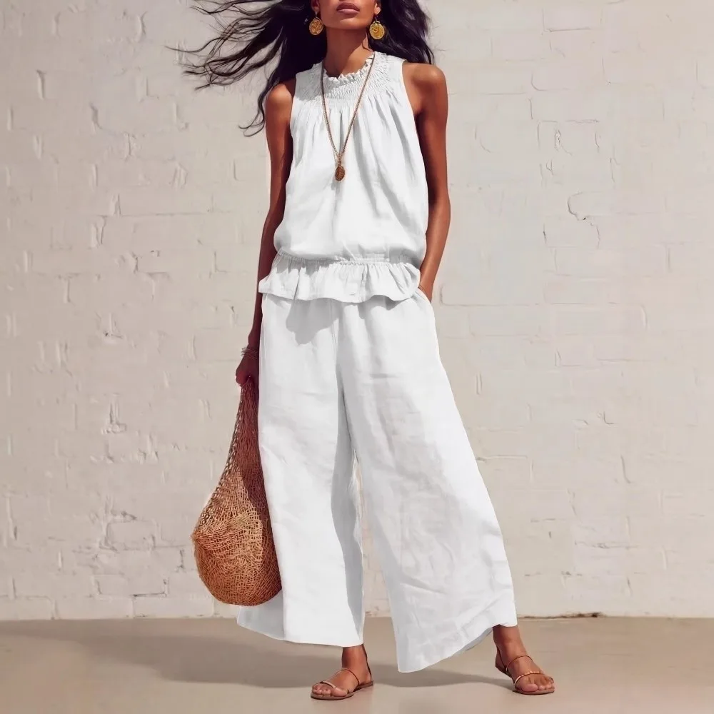 Faux Linen Ruffle Outfit Smocked Neckline Ruffle Hem Ladies' Suit Elastic Waist Solid Color Summer Resort Wear Casual Outings