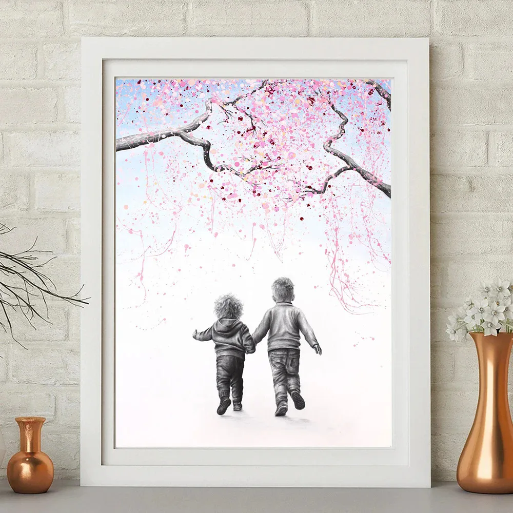 Little fresh warm dream with wind pink leaves swinging little girl airbrush canvas painting