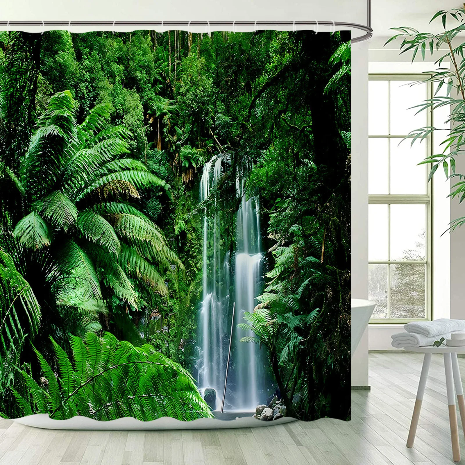 Green Tropical Jungle Plant Shower Curtains Set Palm Tree Forest Monstera Leaves Nature Scenery Fabric Bathroom Decor with Hooks