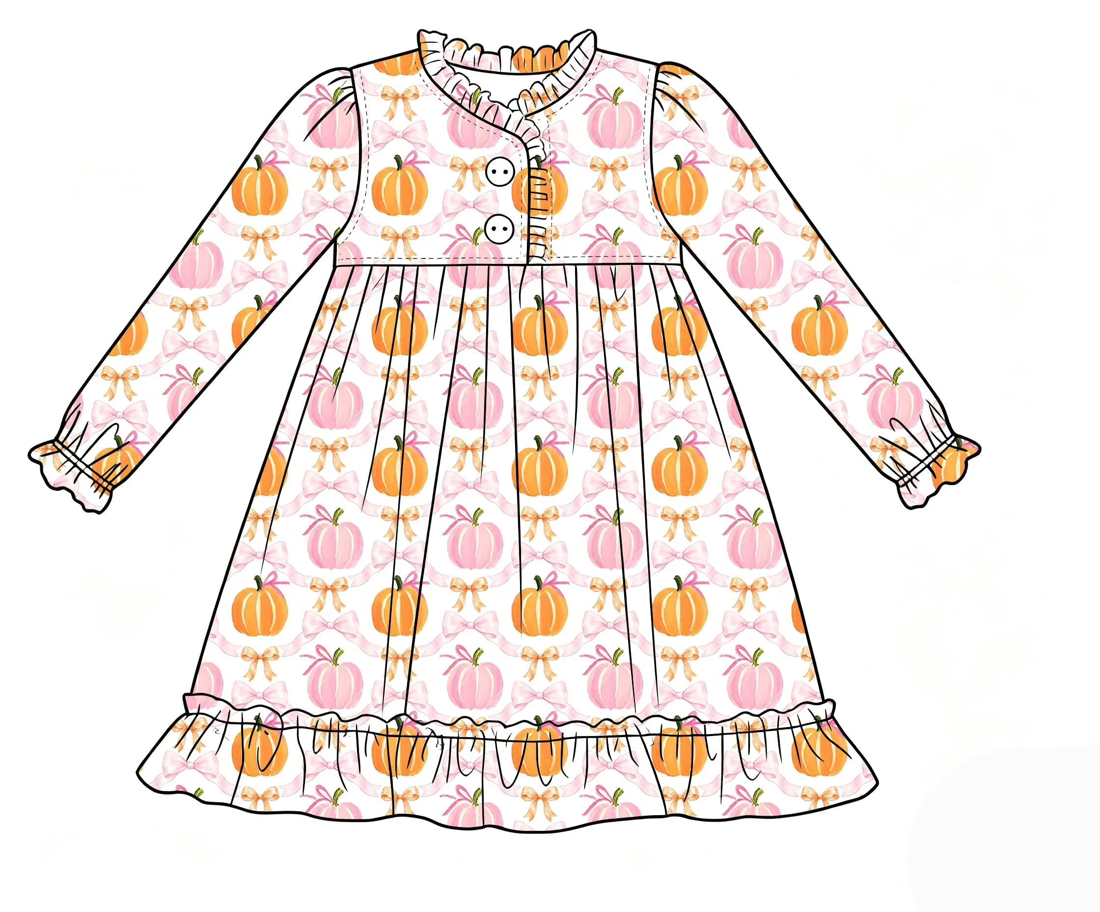 Hot Sale Boutique Girls Dress Ruffled Neckline Long Sleeves Thanksgiving Day Series Pumpkin Bow Print Custom