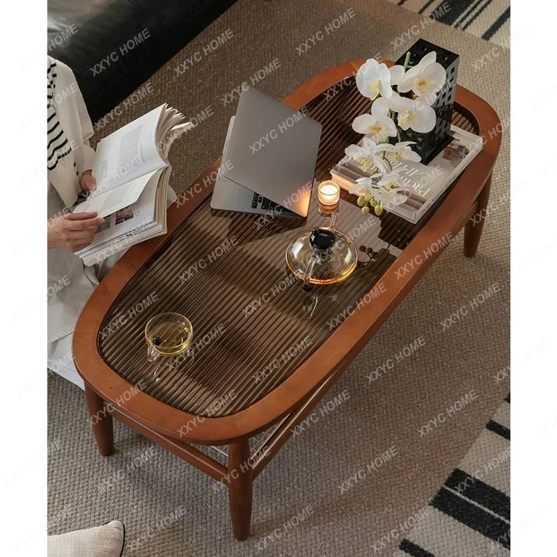

JYA solid wood coffee table retro living room home log rectangular glass tea table