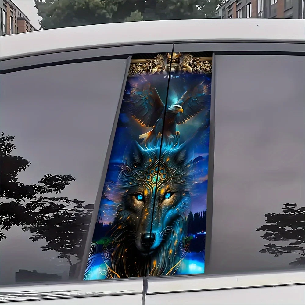 2-Piece Vinyl Car Decal Set, Anime Style Wolf & Eagle Fantasy, Self-Adhesive B-Pillar Sticker, Cartoon Jungle Theme, Semi-Matte