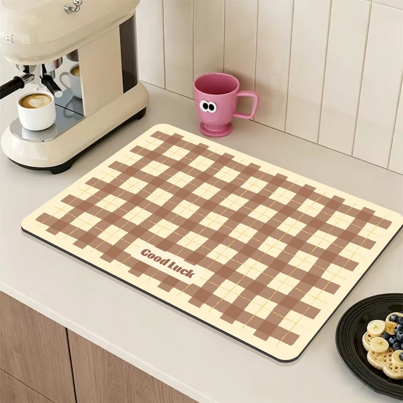 VIKAMA Cute Checkered Coffee Drying Mat, Water Absorbing, Non slip, Tabletop Drainage Mat, Kitchen Table Mat, Home Decoration