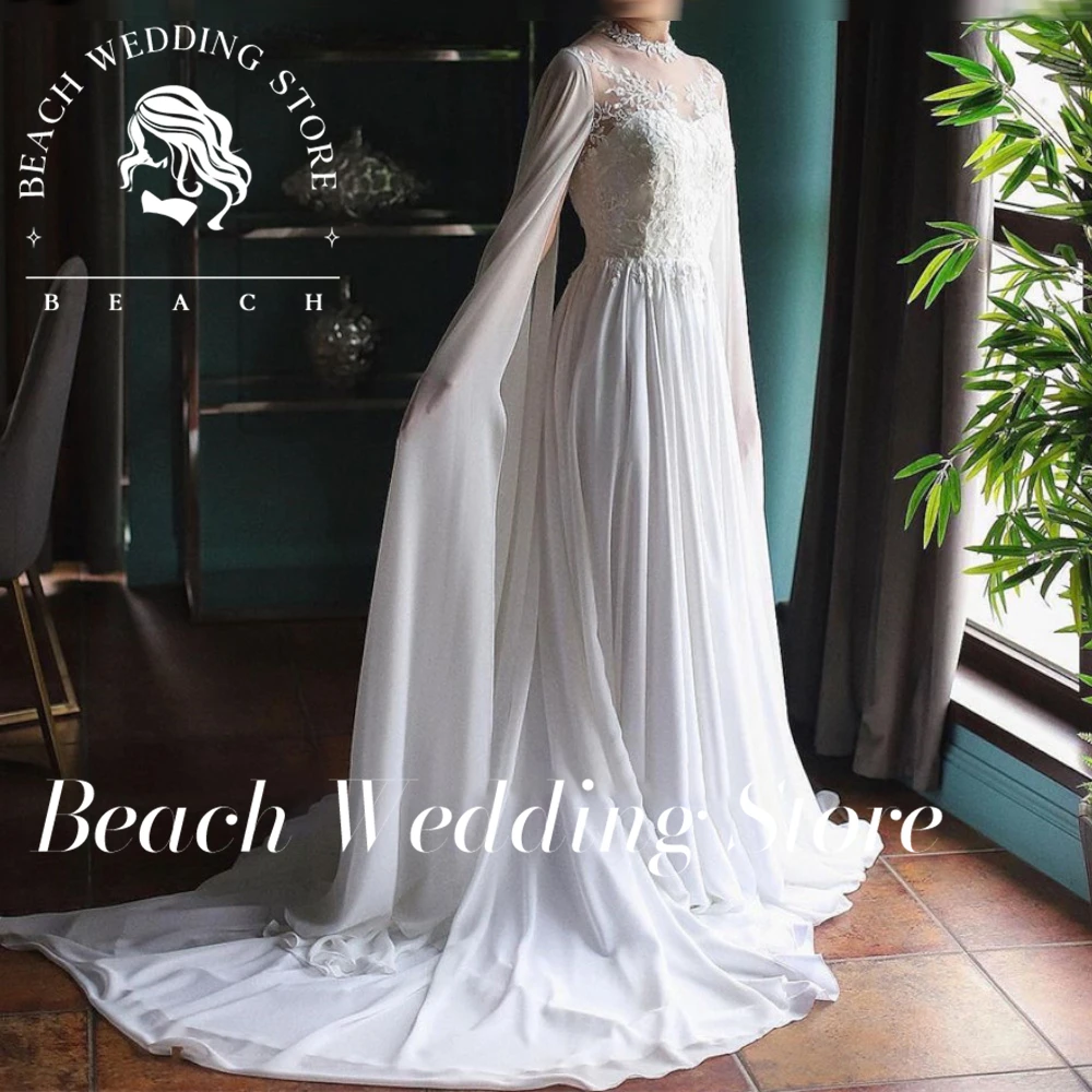 Beach Simple O-Neck Cape Sleeves Appliques Wedding Dress For Women Sexy Backless A-Line Chiffon Bridal Gown Vestidos De Novia