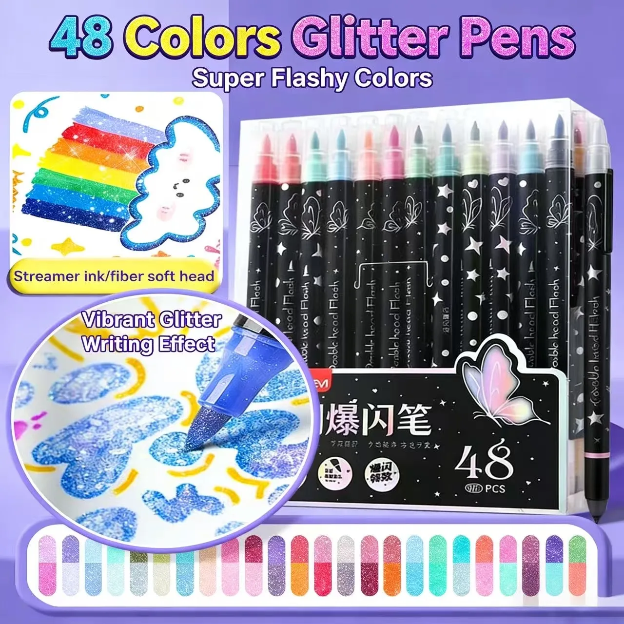 

12/96 Colors Glitter Highlighter Pens Set Dual Tip Sparkle Markers Soft Brush Flashy Pens for DIY Hand Account Art Supplies