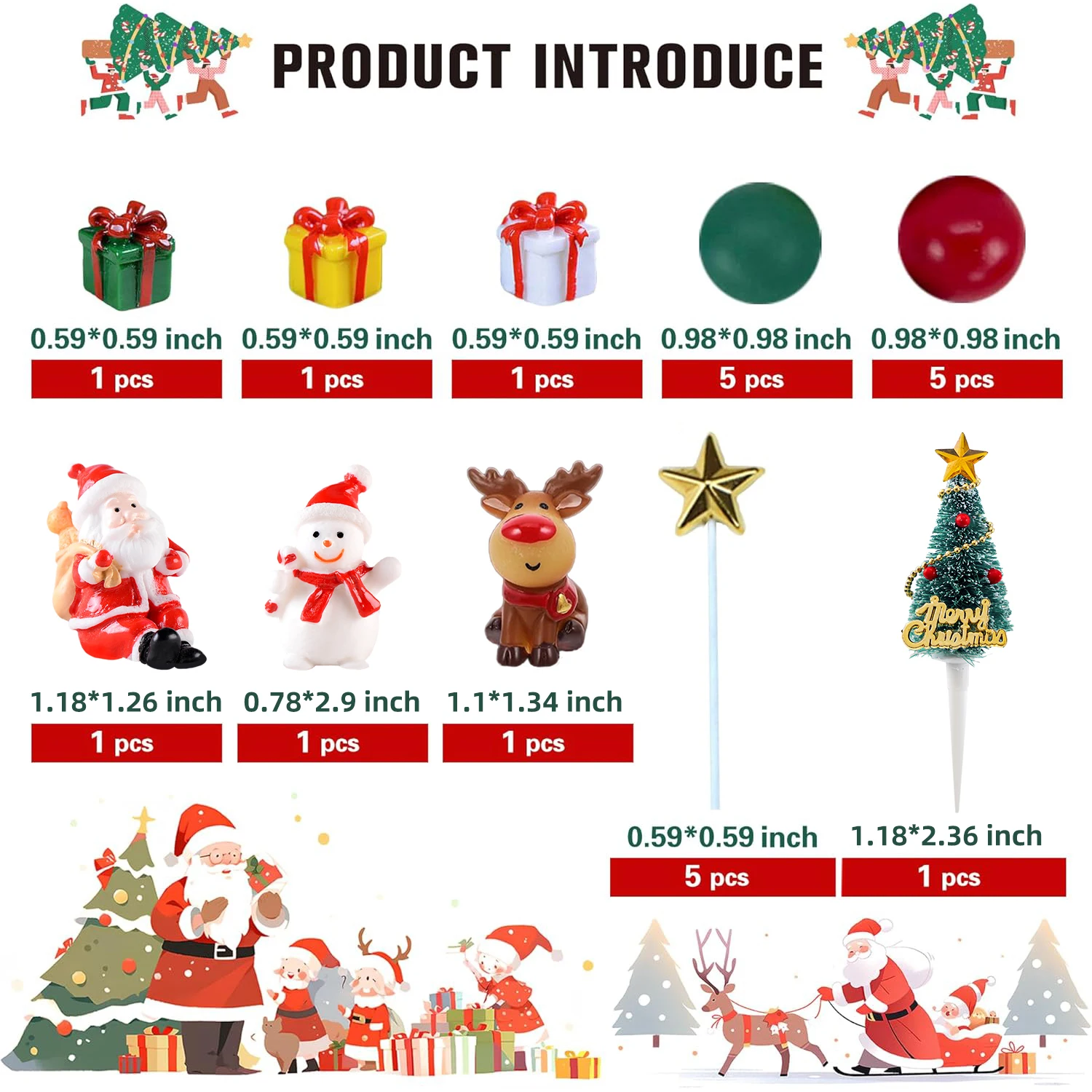 22pcs Christmas Cake Topper Merry Christmas Cupcake Toppers Santa Claus Cake Decoration with Balls Snowman Christmas Tree