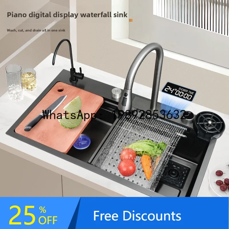 

CZ Black Piano Digital Display Raindance Waterfall Sink 304 Stainless Steel Vegetable Washing Basin Kitchen Sink Set