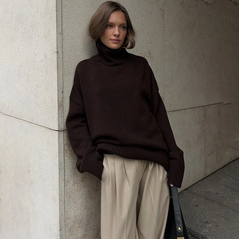 TARUXY Solid Turtleneck Knitted Sweater Casual Women's Loose Long Sleeve Pullovers 2025 New Autumn Winter Commuting Fashion Top