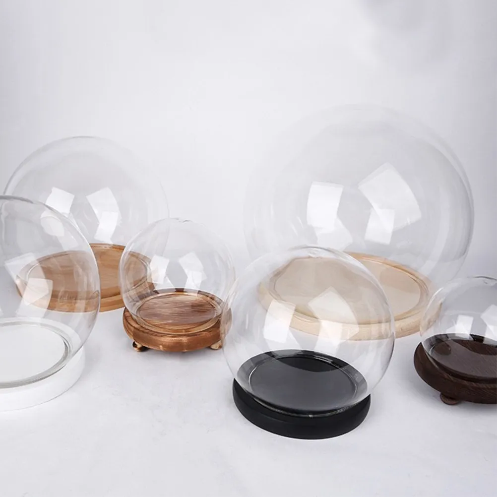 4Pcs Glass Cloche Dome with Wooden Base Preserved Flower Cover Romantic Decor for Wedding Party Desktop Micro Landscape Display
