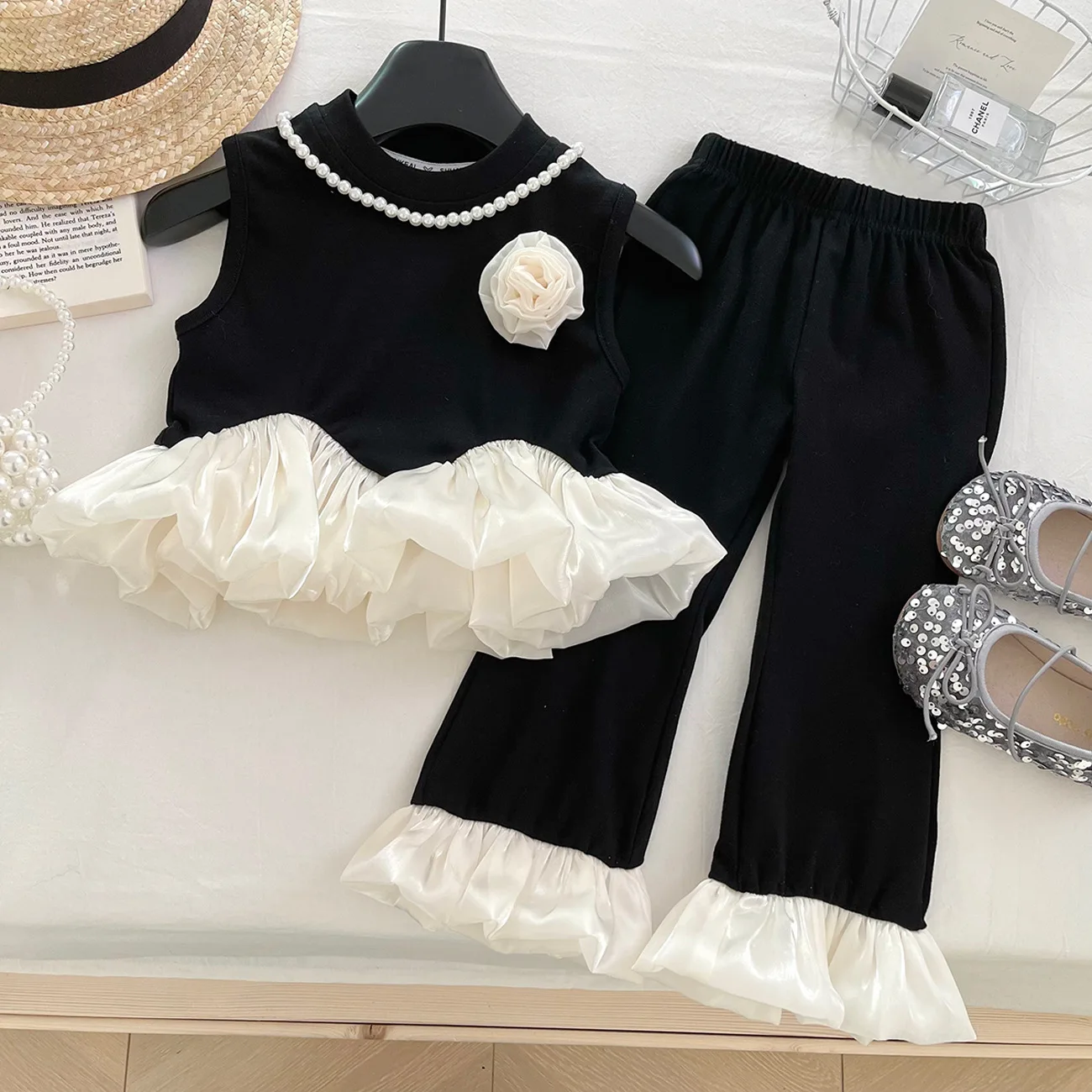 2025 Girls' Clothing Sets  Summer French Style Children's Lace Chest Flower Sleeveless Vest+ Leggings Two-piece Set
