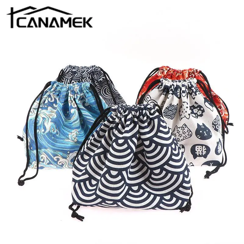 1Pc Japanese Style Drawstring Lunch Box Storage Bag For Travel Picnic Portable Easy Wash Bento Lunch Box Tote Pouch