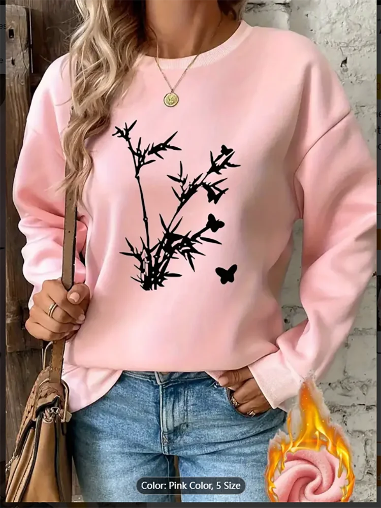 

Cozy Fleece Pullover Sweatshirt Bamboo Butterfly Print Soft Pink Long Sleeve Crew Neck Casual Everyday Wear Bamboo Clothes