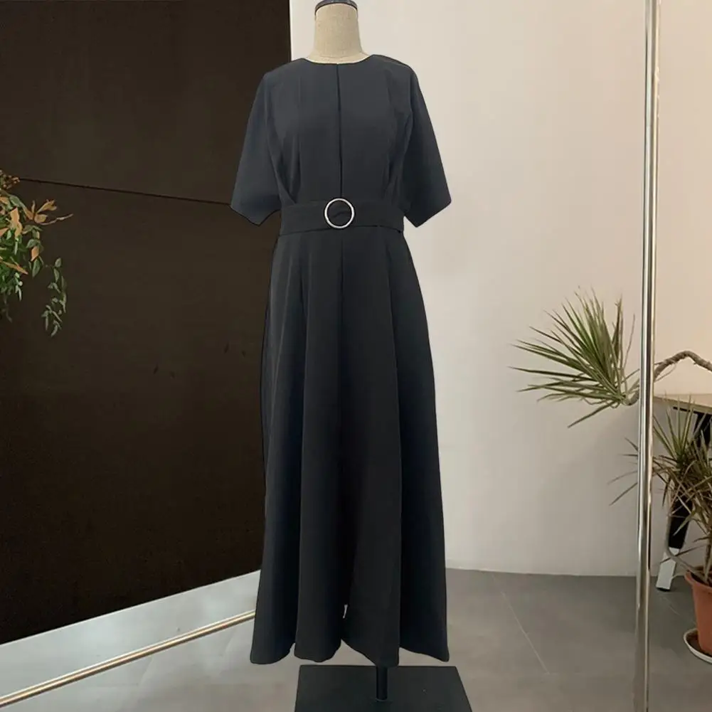 Short-sleeve Dress Elegant Women's A-line Midi Dress Chic Ol Commute Style Slim Waist Short Sleeves Solid Color for Shopping