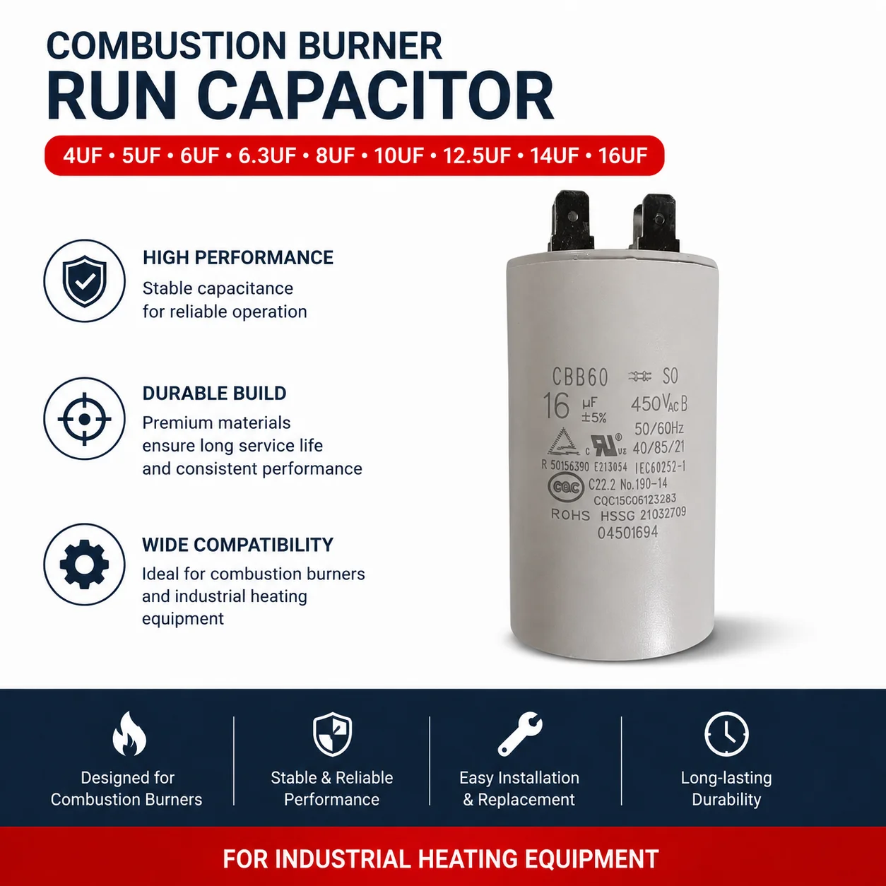 Combustion Burner Run Capacitor Series 4UF 5UF 6UF 6.3UF 8UF 10UF 12.5UF 14UF 16UF, Industrial Heating Equipment Spare Parts