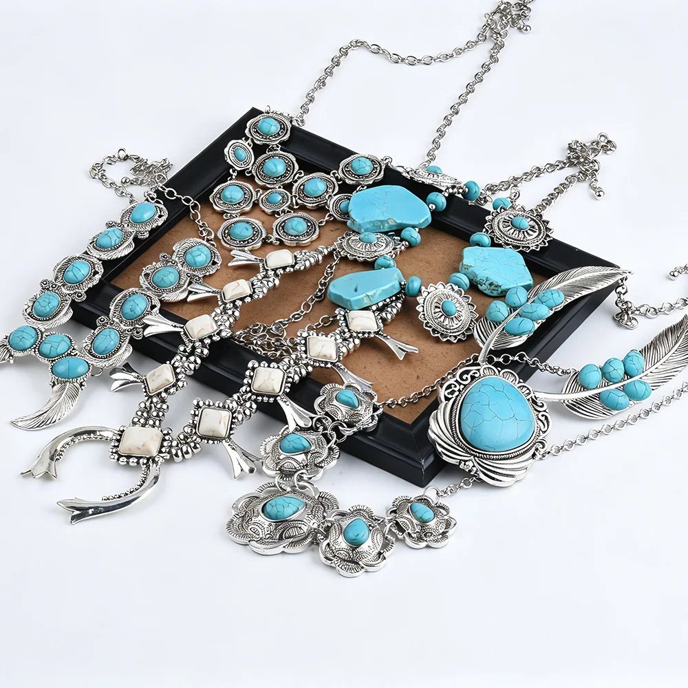 New Fashion Retro Personality Geometric Turquoise Pendant Necklace Handmade Beaded Clavicle Chain Source