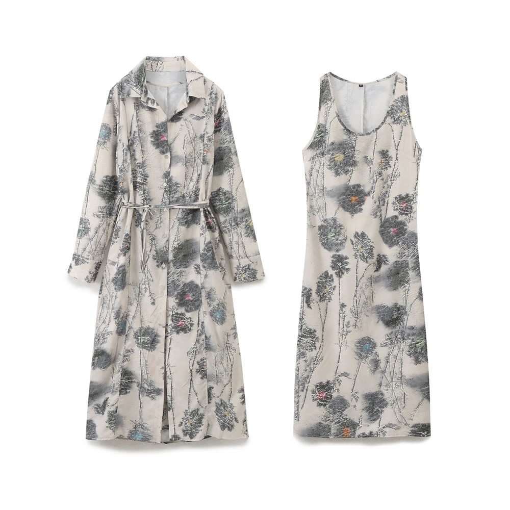 Tangada 2024 Women Flower Print Shirt Dress With Slash Long Sleeve Female Two Piece Midi Dress 6H0236