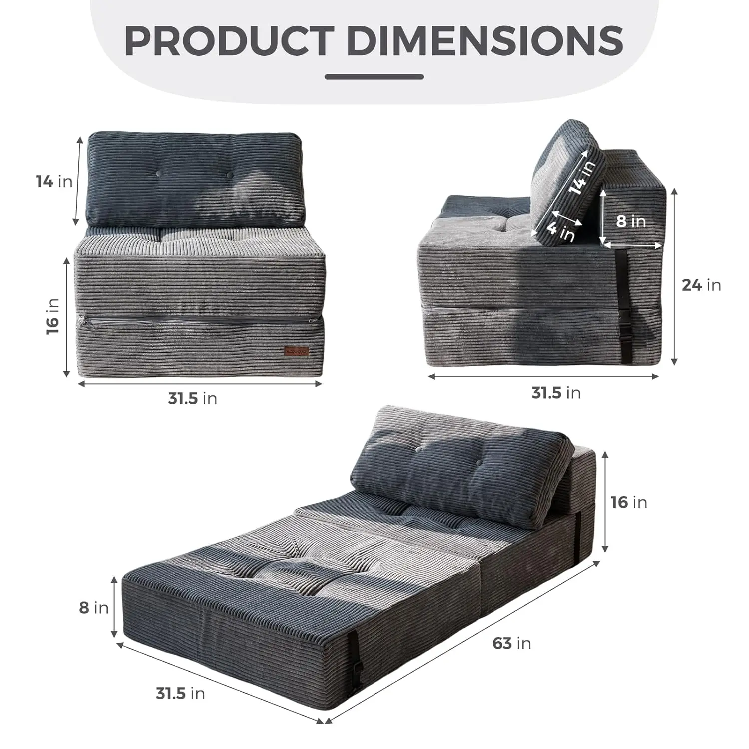 سرير أريكة قابل للطي، سرير أريكة قابل للتحويل مع رغوة دعم عالية الكثافة، كرسي محمول 4 في 1 قابل للطي إلى كرسي أرضي، متعدد الاستخدامات #2