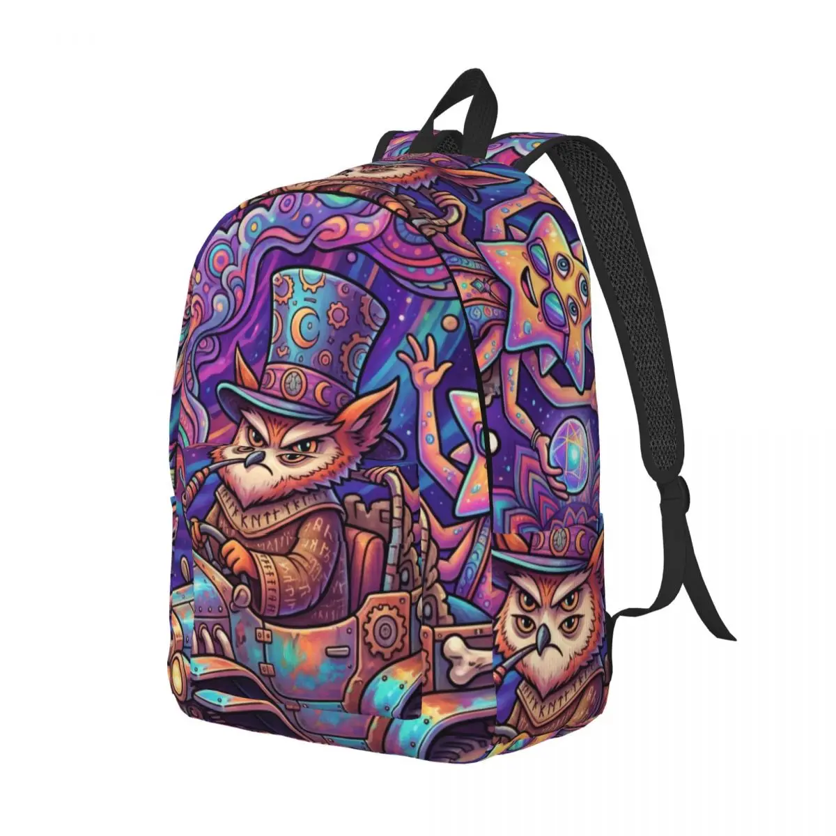 Teen Boys School Backpack Center Psychedelic Car Whimsical Illustration Vibrant Multi Color Cool Printed Daypack for Laptop Work