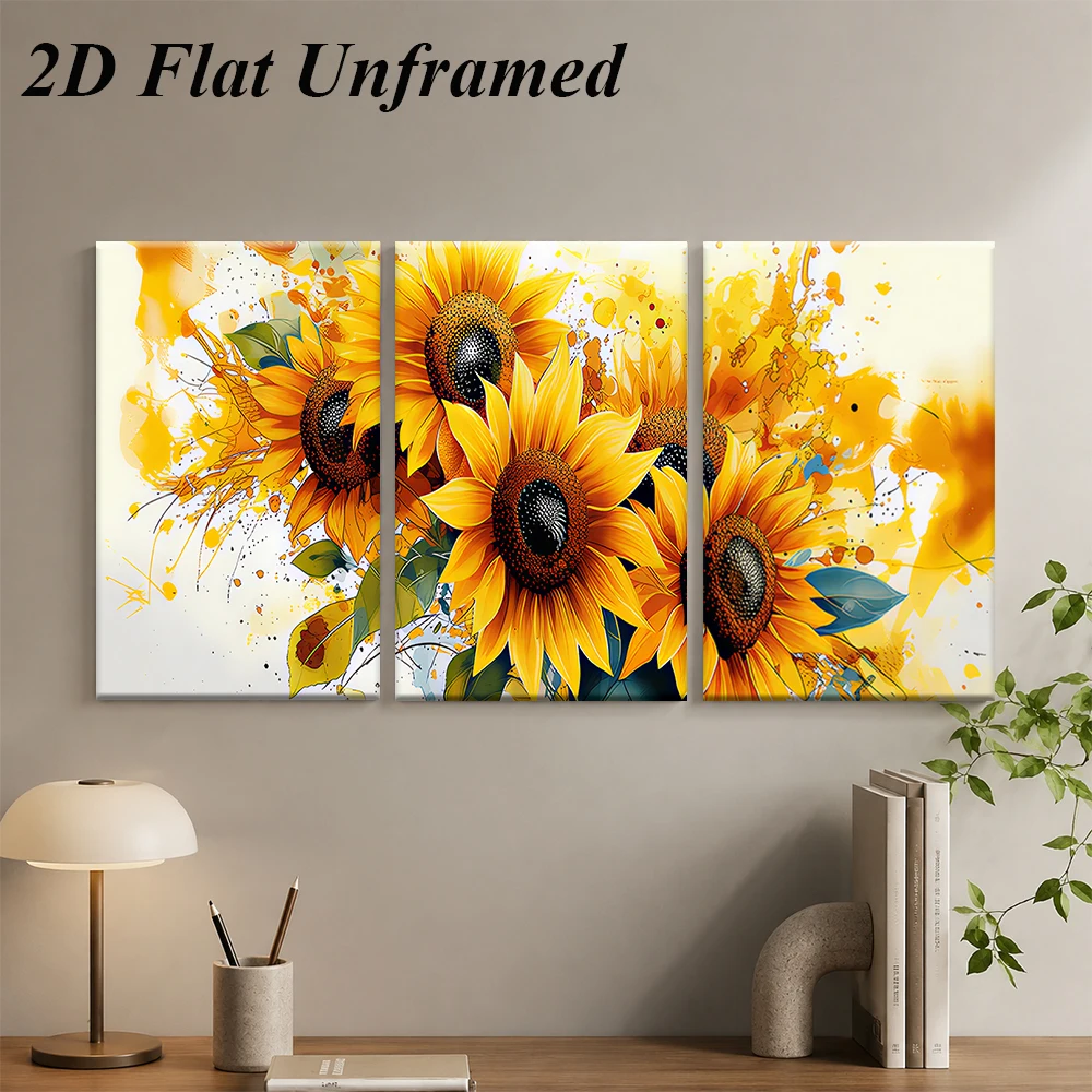 1 set of modern minimalist living room triple sunflower decoration painting frameless 2D plan