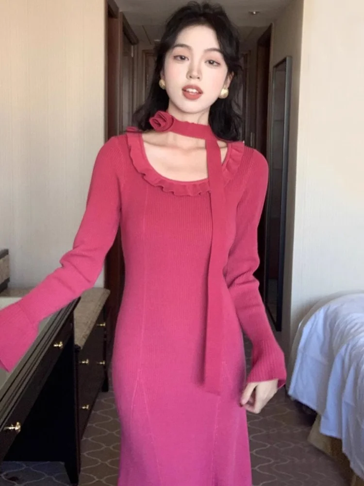 Abito lavorato a maglia solido con scollo all'americana a fiori con volant Donna Autunno Inverno Temperamento Slim Fit Vita Abiti a maniche lunghe Abito da festa