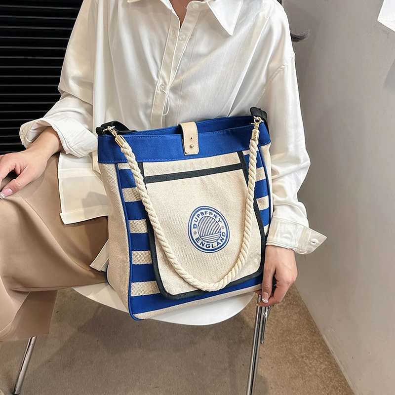 College Students Commuting To Class Large Capacity Tote Bag for Women 2024 New Color Blocked Canvas Bag Shoulder Bag Canvas Bag