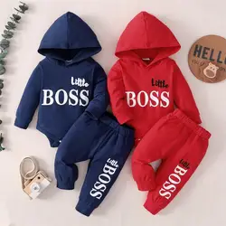 Conjunto de ropa de 2 piezas para bebé recién nacido de 0 a 24 meses, Sudadera con capucha de manga larga con estampado de letras, pelele y pantalones para niño pequeño, traje de primavera y otoño