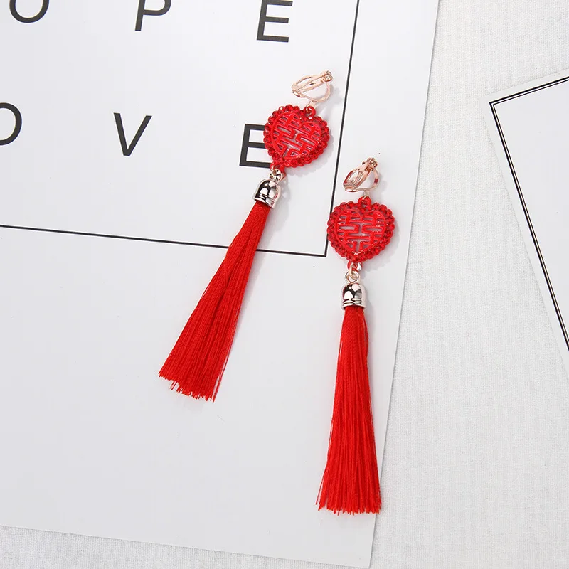 

Chinese Wind Bride Wedding Without Pierced Earring Grace Jun Red Color Rhinestone Long Tassel Clip on Earrings for Women Fashion