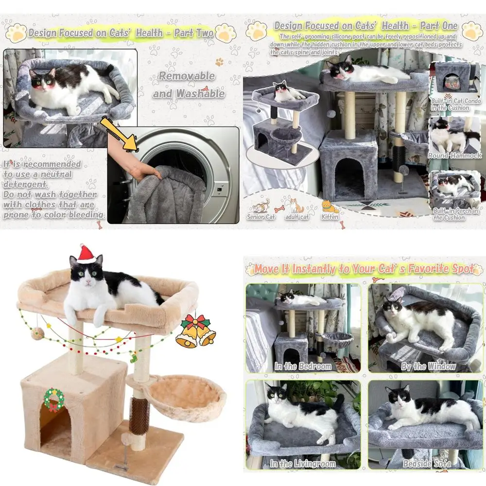 

Большая бежевая когтеточка-башня с лежанкой, уютным домиком, платформой, грумером для вычесывания шерсти и интерактивным мячиком для котят и кошек