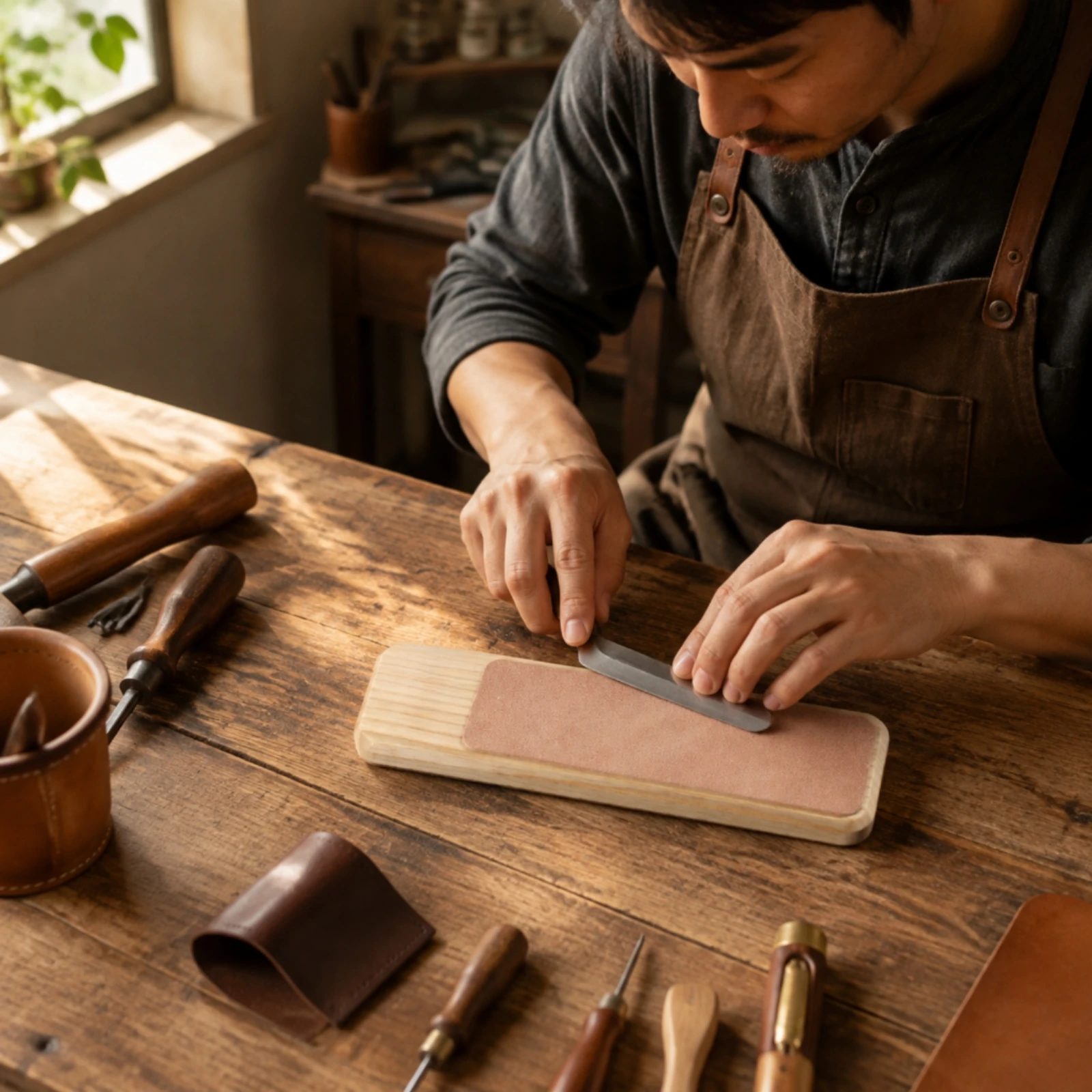 Leather Strop Compact Handheld Strop Honing Tool Double-Sided for Leatherworkers, Blade Sharpening, Leatherworking