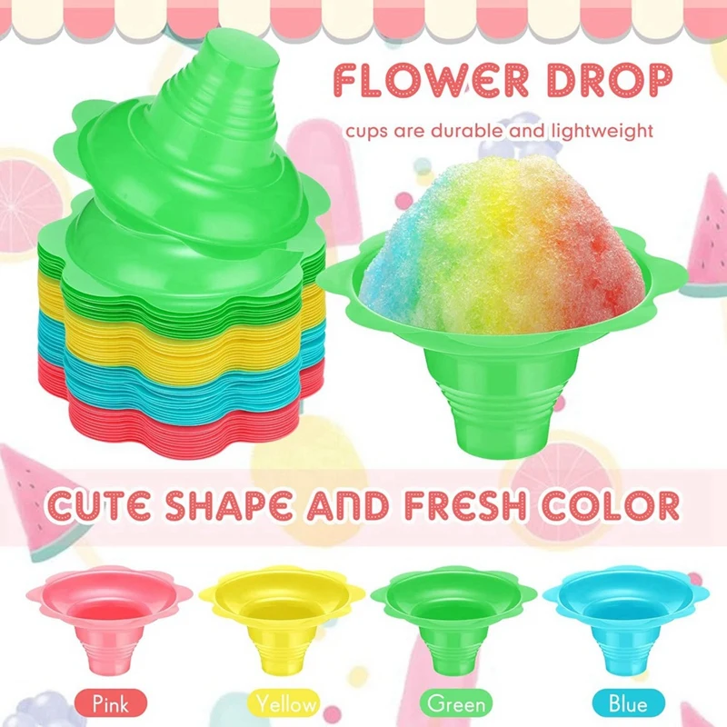 200 Pieces 4 Oz Colorful Shaved Ice Cups Flower Shaped Snow Cone Cups Leak Proof Plastic Snack Ice Cream Bowls-A07G