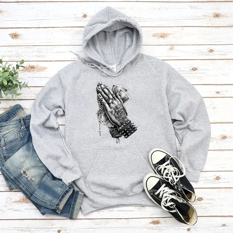 Men Prayer Gesture Print Designer Hoodie Man Luxury Hooded Sweatshirt Autumn Winter Warm Clothing for Male Streetwear Tracksuit