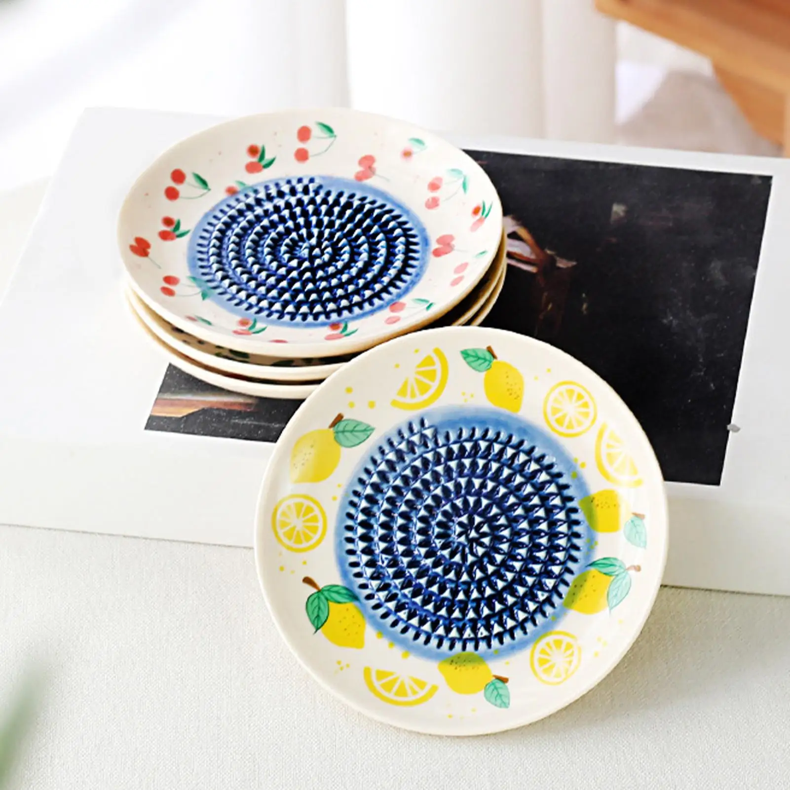 2IN1 Ceramic Garlic Grater Plate Manual Fruit PatternCeramic Dish Garlic Grater Bowl for Ginger Cheese Tomato Strawberry Fruit