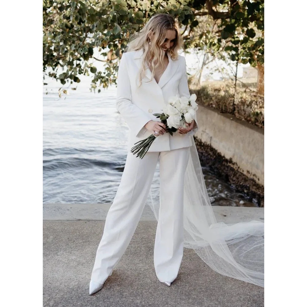 Elegant สีขาวงานแต่งงานผู้หญิง 2 ชิ้นชุด Double Breasted Slim เสื้อกางเกงขากว้างชุดสํานักงานธุรกิจเสื้อผ้าหญิง