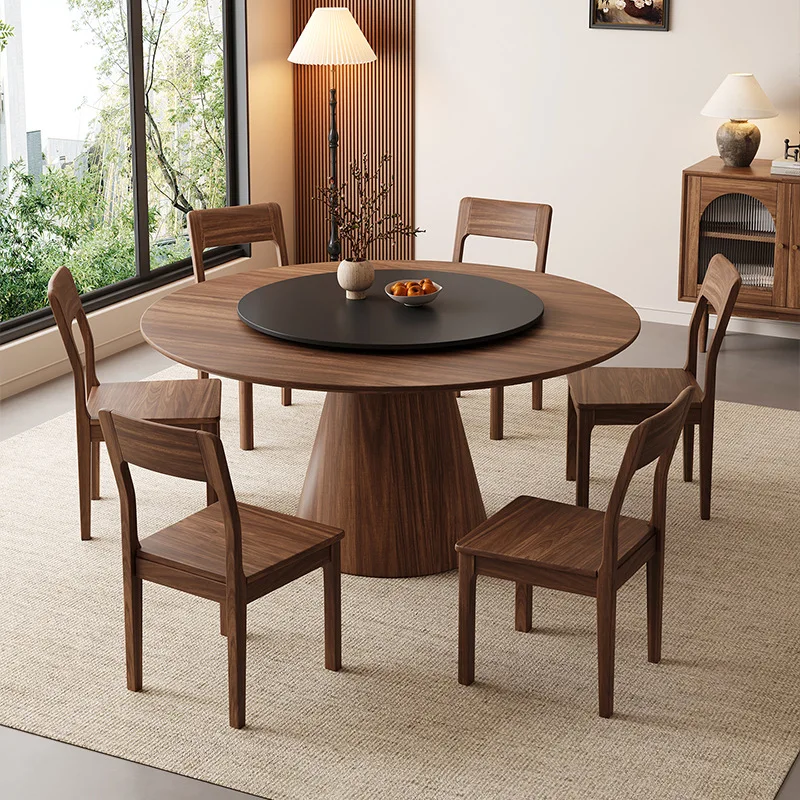 Wood language black walnut round table solid wood round dining table with turntable rock slab dining table light luxury dining t