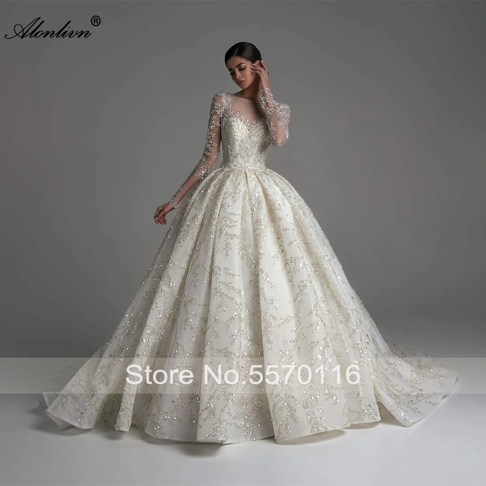 Alonlivn Customize  Beading Embroidery Lace Ball Gown Wedding Dress Vestido De Noiva Elegant O-Neck Full Sleeves Bridal Skirts