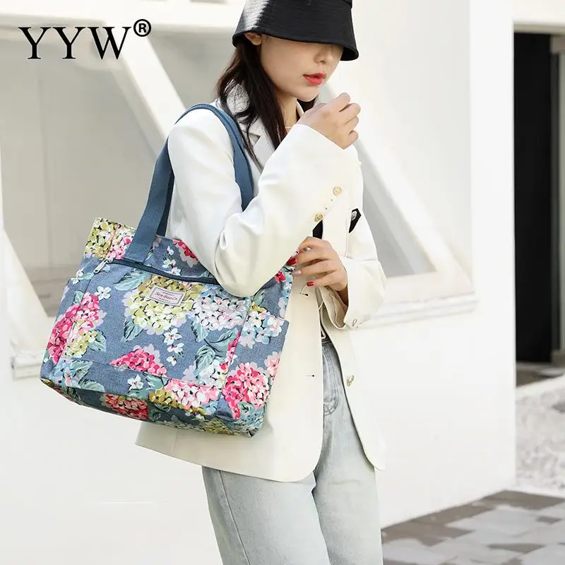 Women Casual Nylon Single Shoulder Handbag Large Capacity Floral Printing Waterproof Zipper Multi Pocket Lady Storage Tote Bag