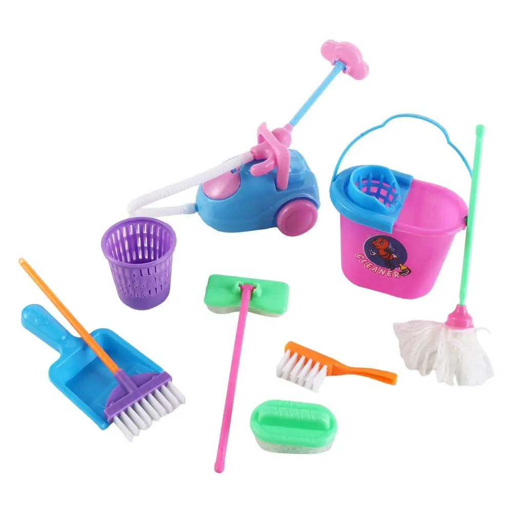 9 pz/set Giochi Di Imitazione 1:6/1:12 Casa Delle Bambole Mobili Mop Sweep Casa Delle Bambole Strumenti Per La Pulizia Della Casa Secchio Educativo