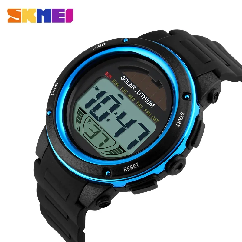 Skmei 1096 Digital Watch Reloj Hombre Outdoor Sport Watch Men Solar Pu Strap Wristwatches Mens Chronograph Alarm 5Bar Waterproof