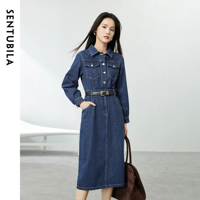 

SENTUBILA Women Cargo Style Denim Dress 2024 Fall Fashion Washed Cotton Denim Midi Split Dresses with Leather Belt W41L54198X