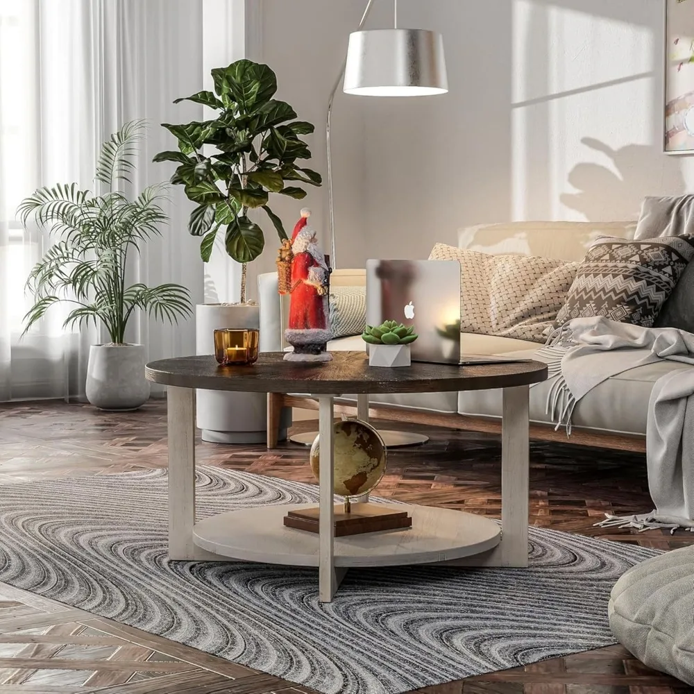 Rustic Farmhouse-Style Large Circle Coffee Table with Storage and Distressed Wood Surface