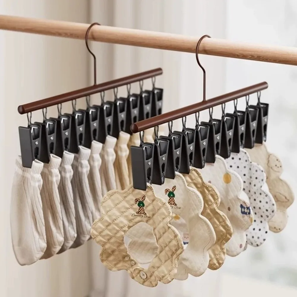 

10 Clips Clothes Drying Hanger Wooden Metal Clip Wooden Storage Rack Non-slip Windproof Socks Hanging Rack Bathroom Dryer