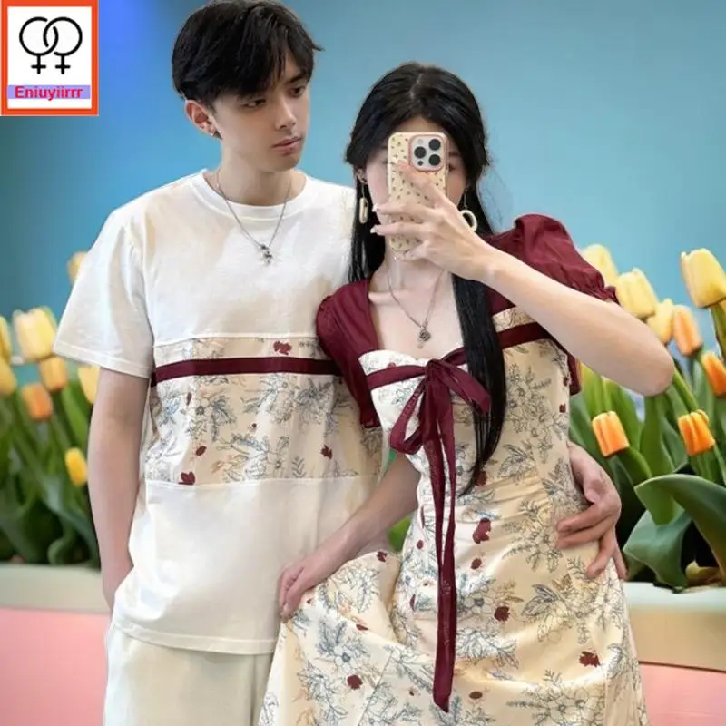 Matching Couple Clothes 2024 Holiday Honeymoon Summer Outfit Date Girls Female Male Lovers Retro Couple Long Bow Tie Shirt Dress