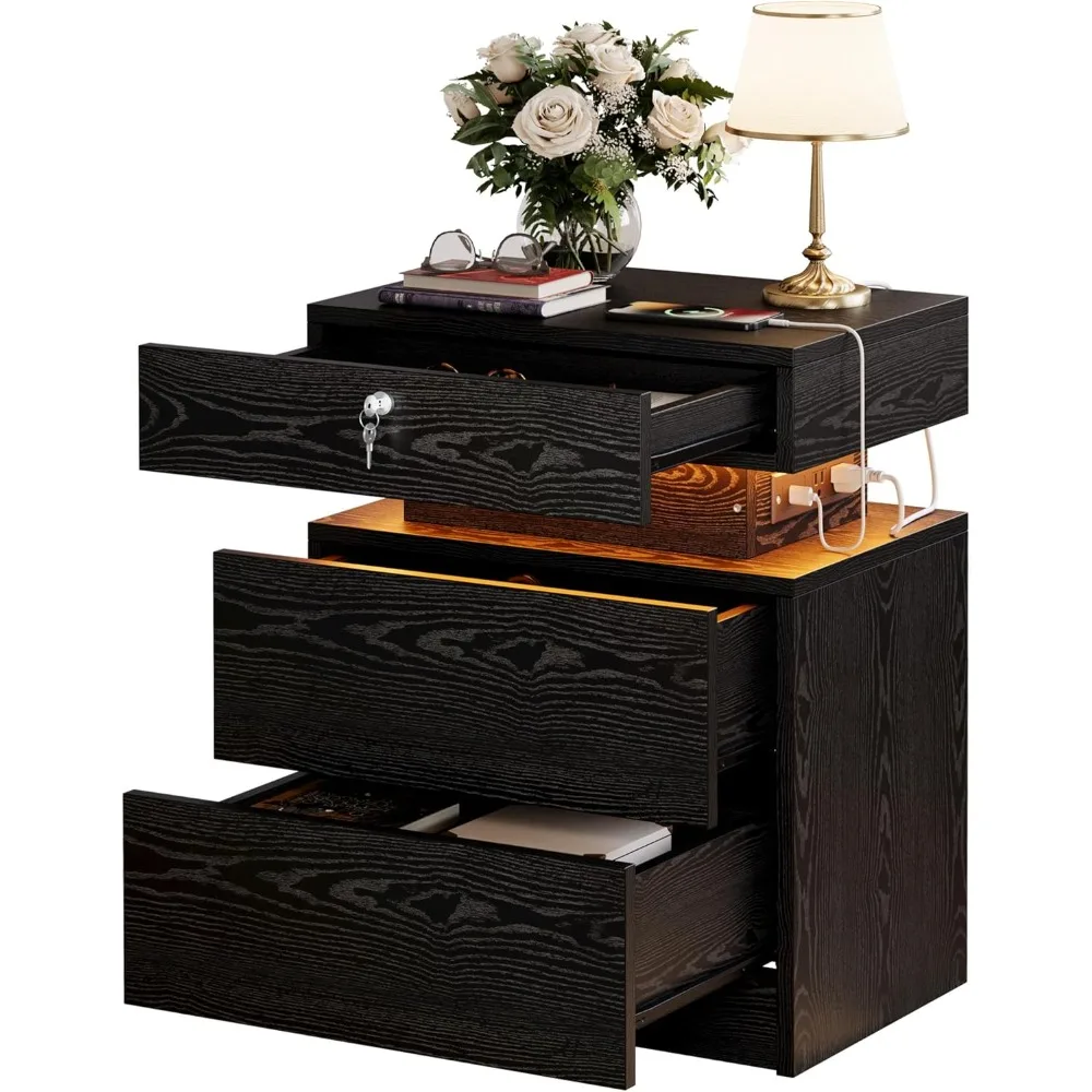 

Тумбочка с зарядной станцией, прикроватная тумбочка с хранилищем и светодиодной подсветкой, прикроватная тумбочка с 3 ящиками, USB и замком, M