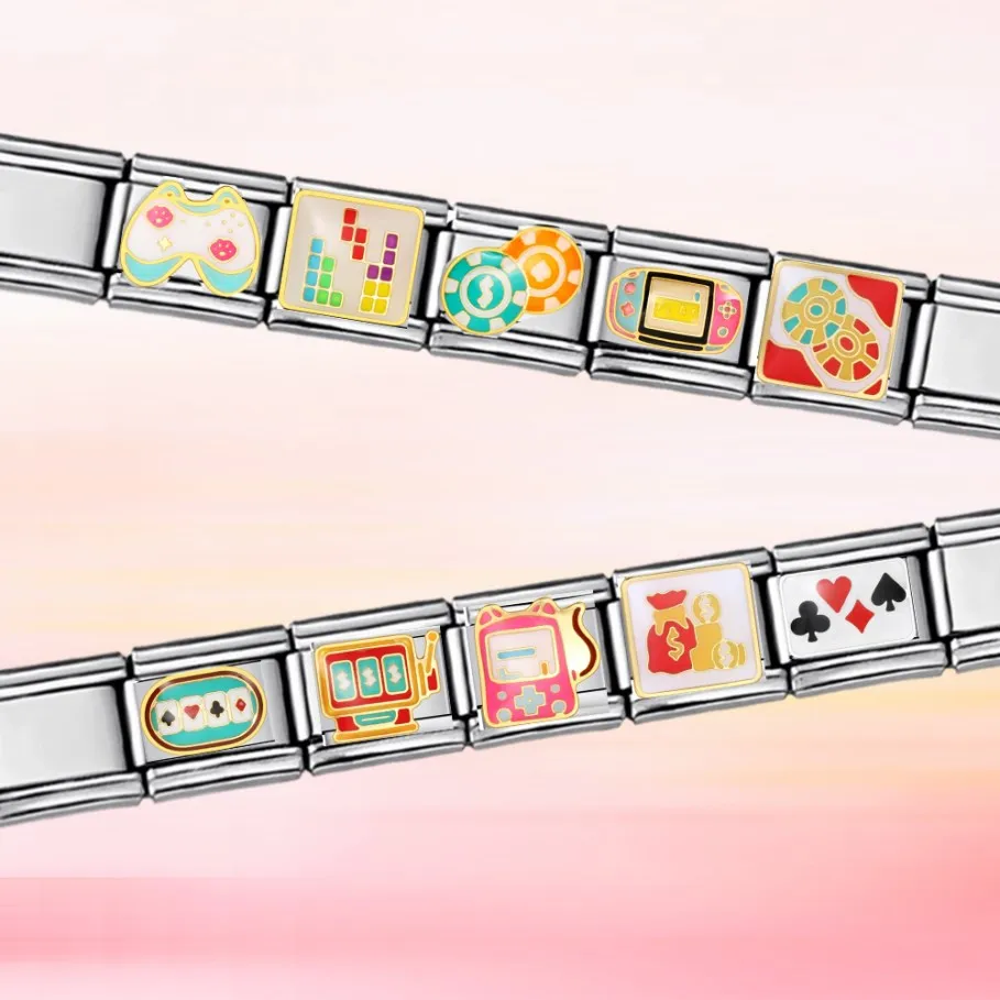Y2k Colorful Poker Board Games Console Chip Tetris Italian Charm Links Fit 9mm Stainless Steel Bracelet Fashion Making Beads image 2