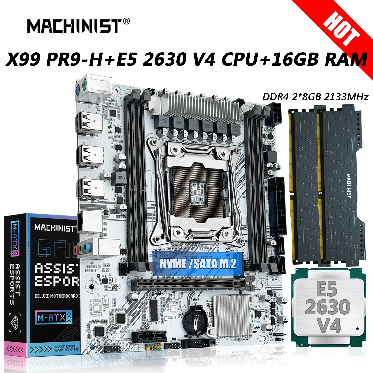 

MACHINIST PR9-H X99 Motherboard Combo LGA 2011-3 Xeon Kit E5 2630 V4 CPU DDR4 2*8GB RAM 2133MHz Memory SSD SATA/NVME M.2 Slot