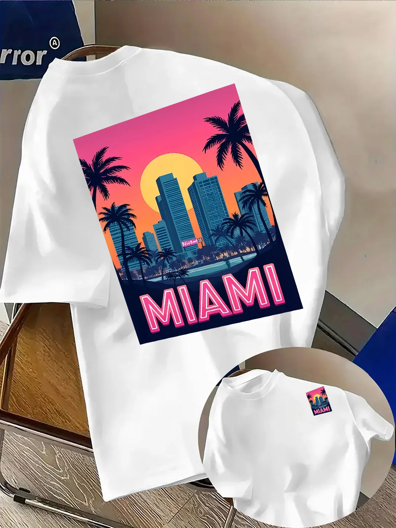 Miami Sunset Print Mens Tee 100 Soft  Streetwear Style Casual Short Sleeve For Summer Vacation