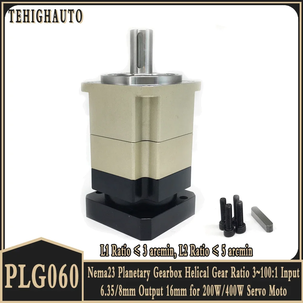 High Precision Nema23 Planetary Gearbox Helical Gear Ratio 3~100:1 Input 6.35/8/11/14mm Output 16mm for 200W/400W Servo 3Arcmin