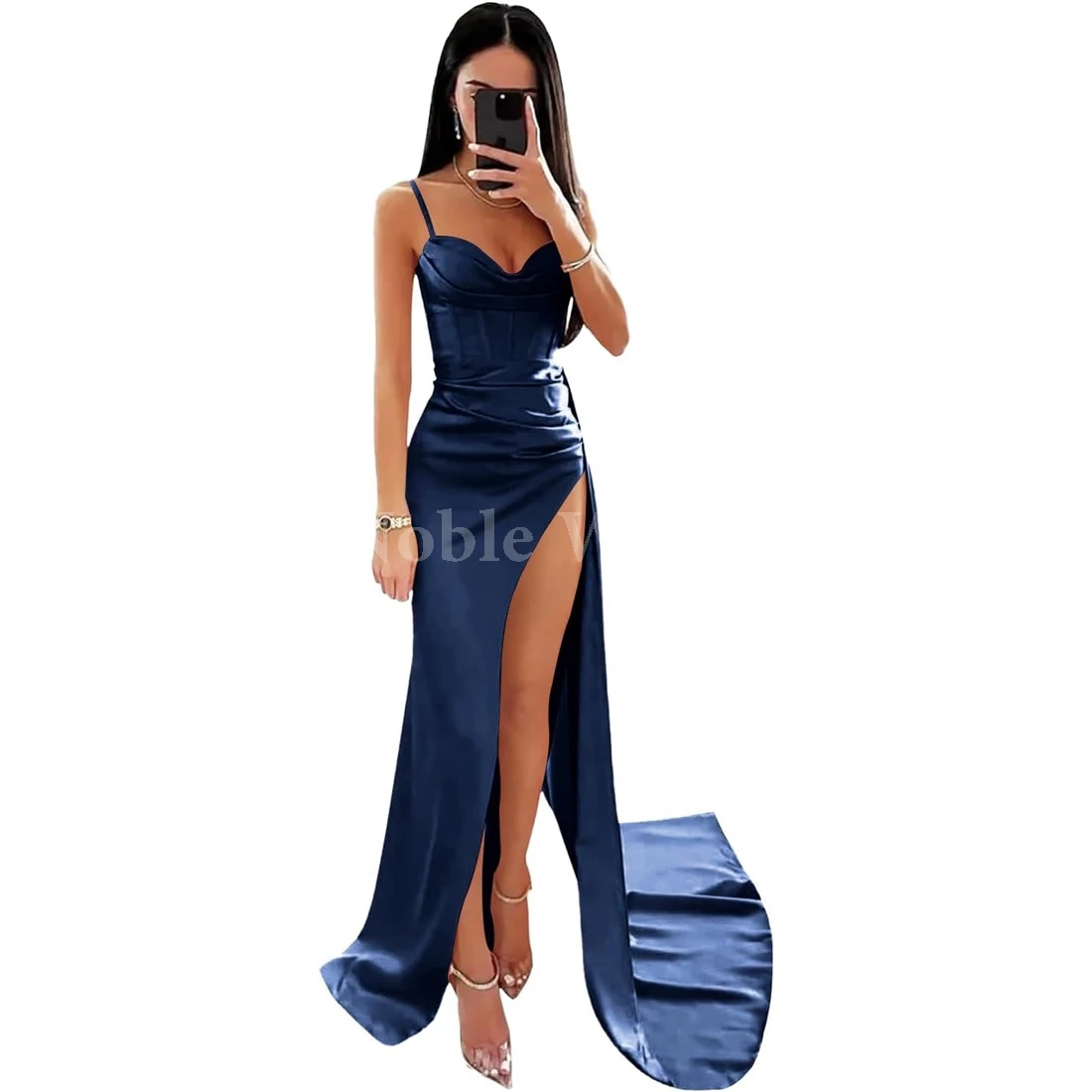 Women's Spaghetti Straps Satin Mermaid Prom Dress Long with Slit Pleated Bodycon Evening Formal Gowns Customized